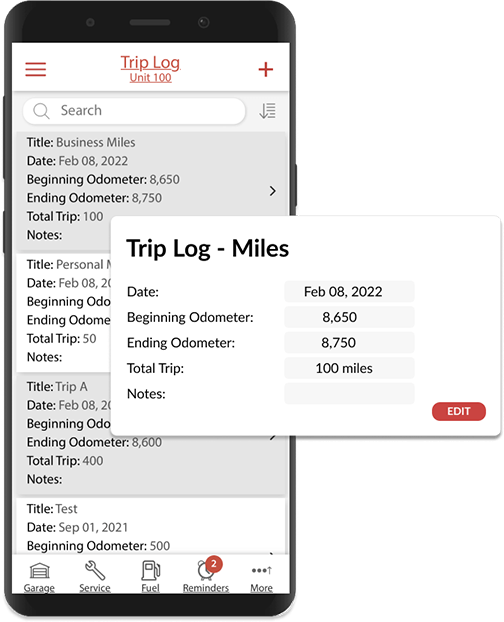 Trip Log list on mobile