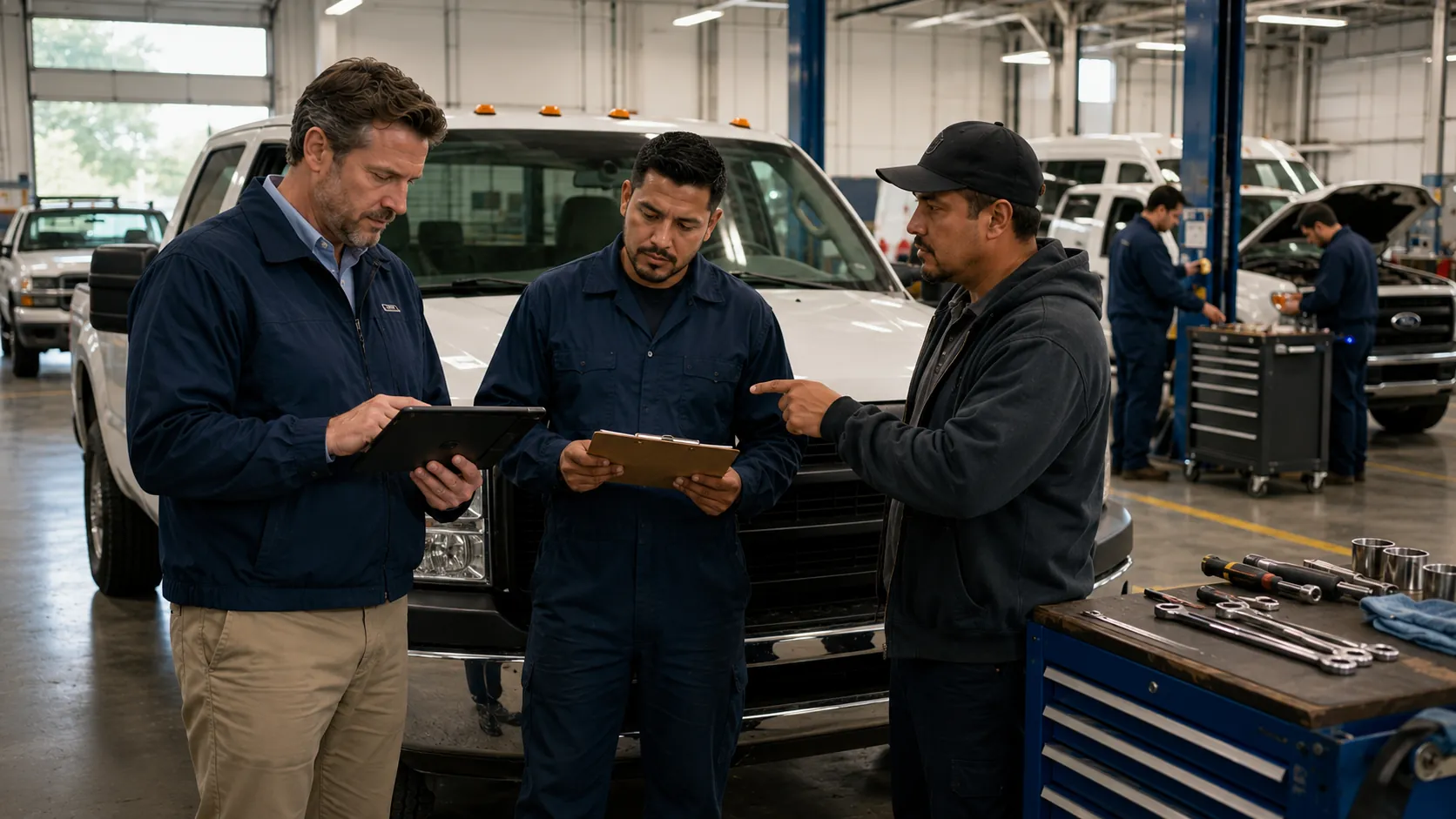 Fleet maintenance software dashboard showing overdue PMs, open work orders, and inspection defects for backlog visibility