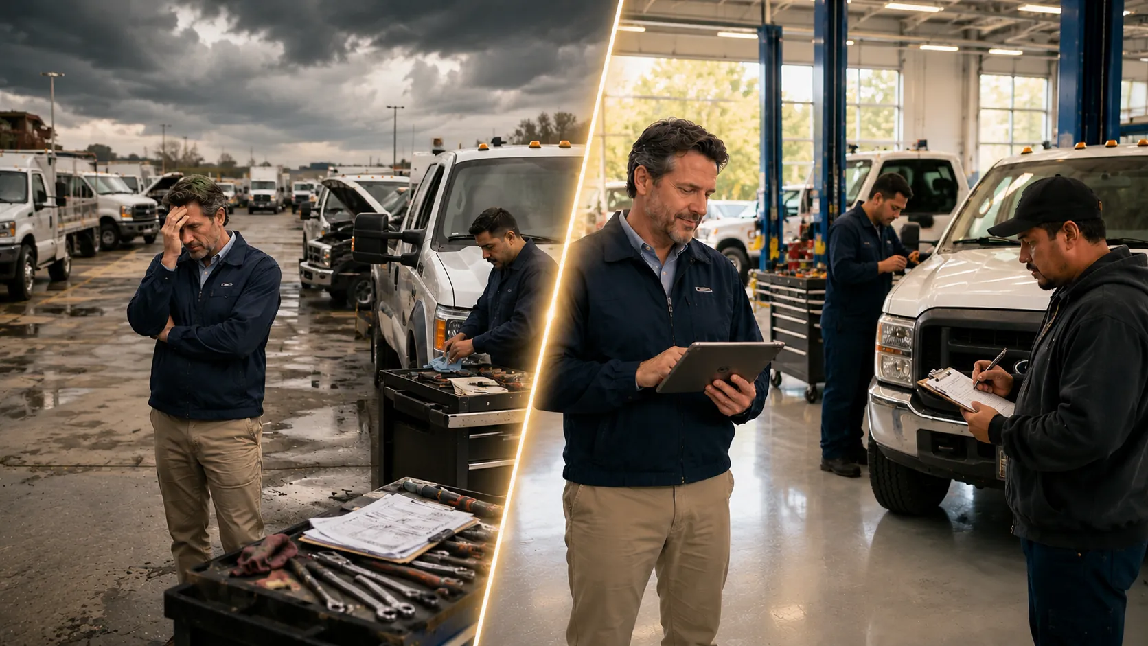 Fleet maintenance technician reviewing overdue work orders and service backlog on a tablet