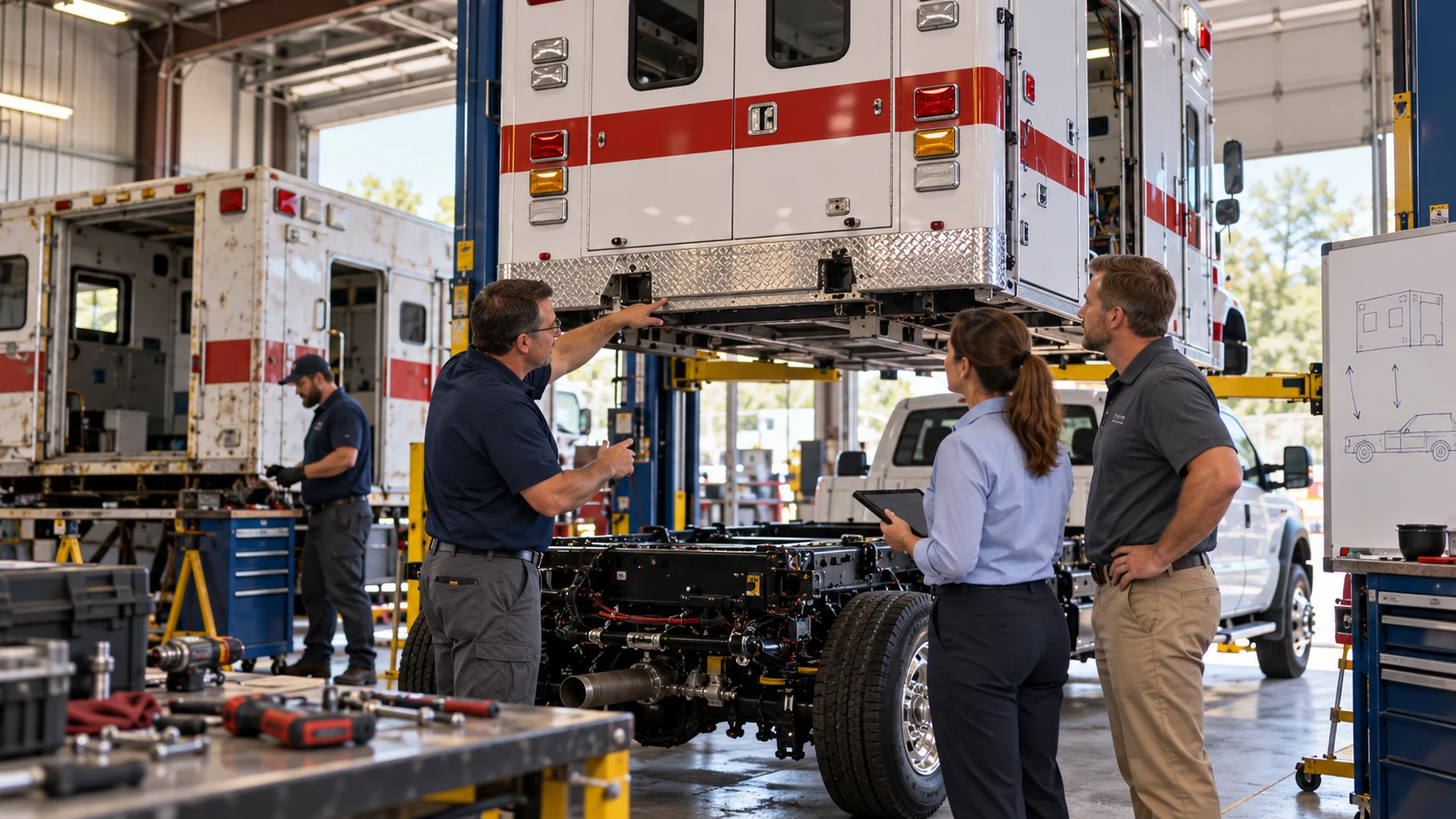 Ambulance patient compartment module being remounted onto a replacement chassis