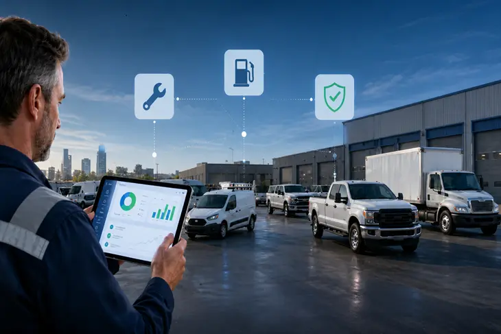 Fleet manager reviewing automated reports on a dashboard showing maintenance, fuel, and compliance data