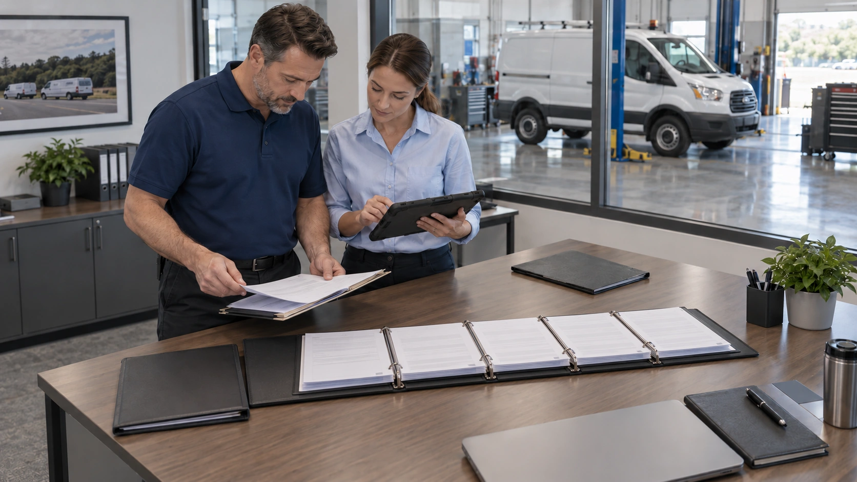 Fleet manager reviewing written service rules for triggers, response times, and approvals