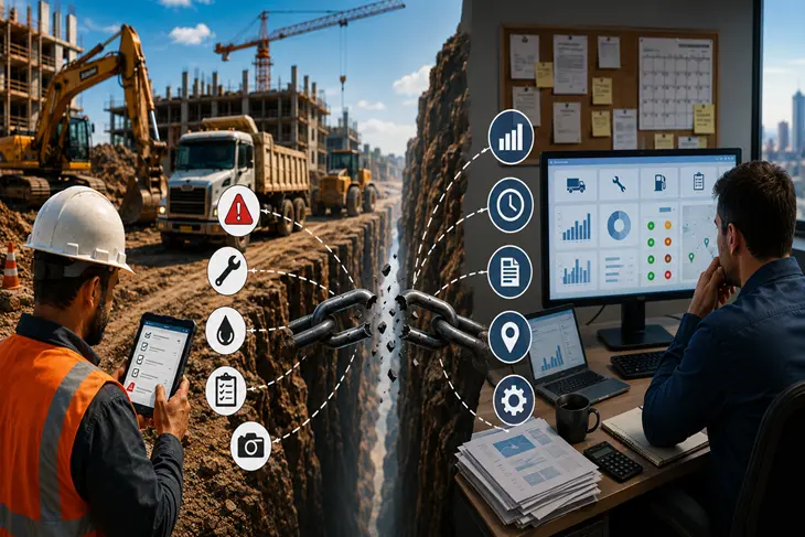Construction fleet manager reviewing field updates and maintenance gaps between job site and office