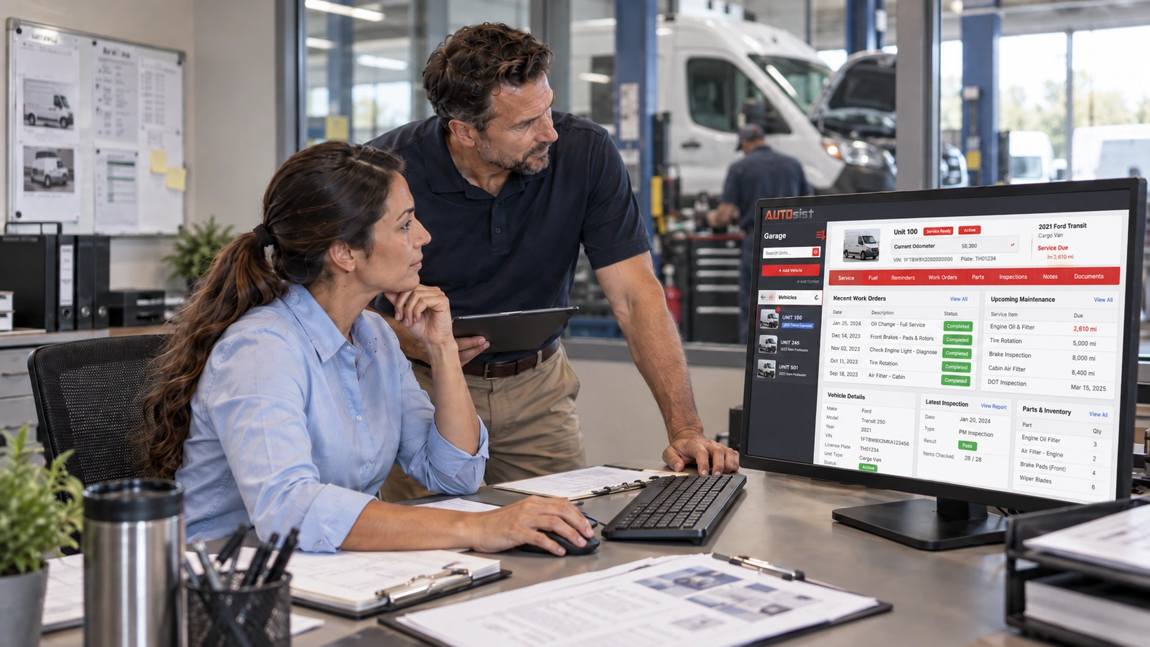Connected vehicle records linking driver reports, inspections, repairs, and parts usage