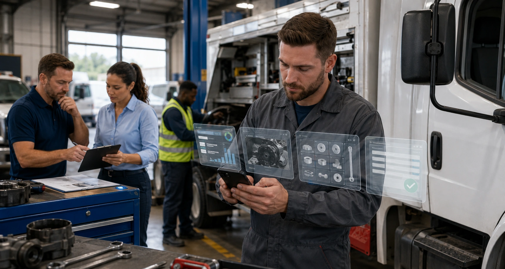 Fleet technician using a mobile app to update a work order in the field