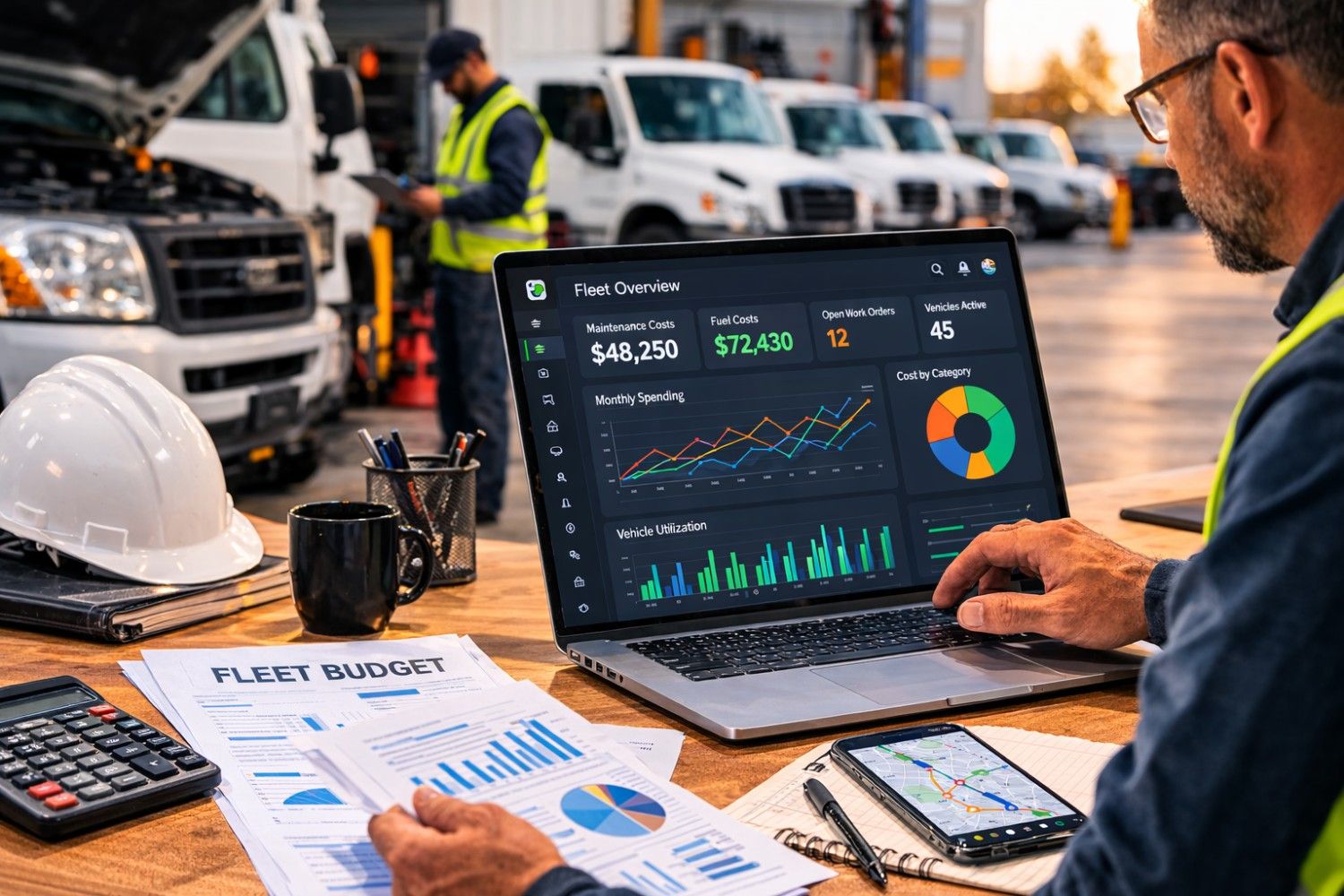 Fleet manager reviewing budget reports and maintenance cost data for a commercial vehicle fleet