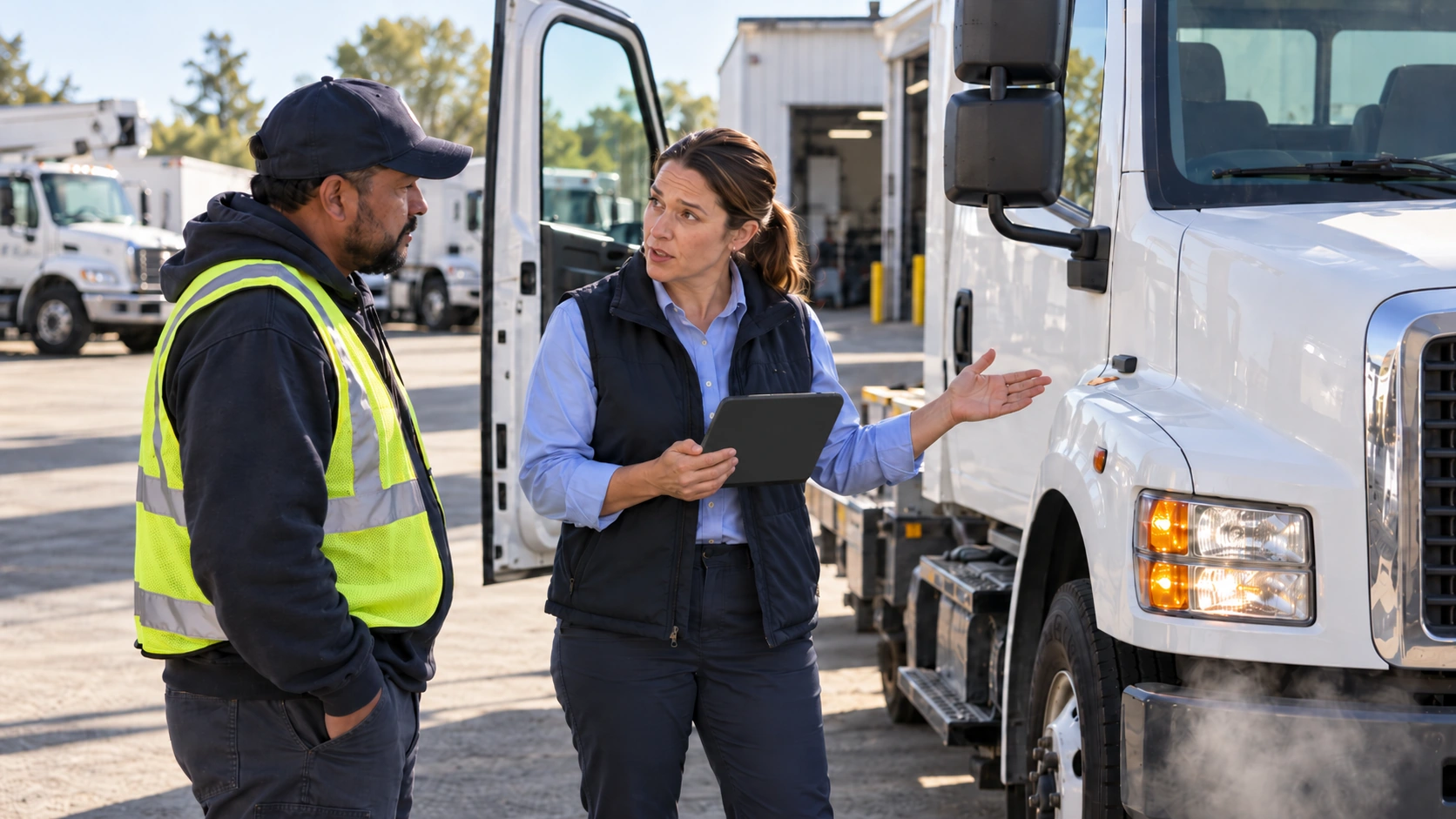 Heavy truck idling at a loading dock while the driver completes paperwork