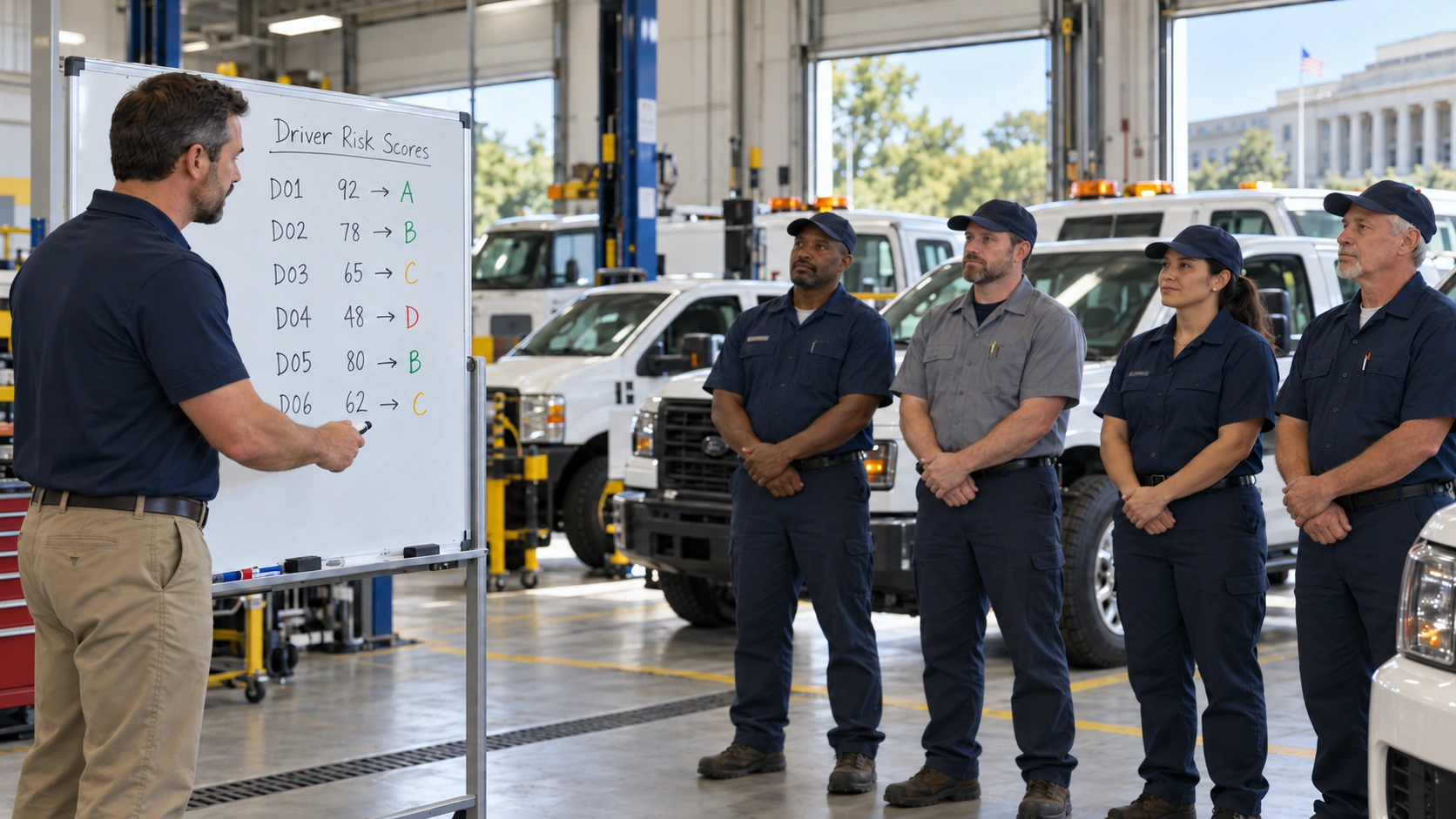 Fleet manager reviewing driver risk scores on a safety dashboard
