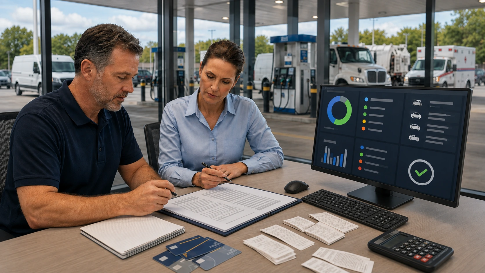 Fleet manager reviewing fuel card transaction limits and driver assignments