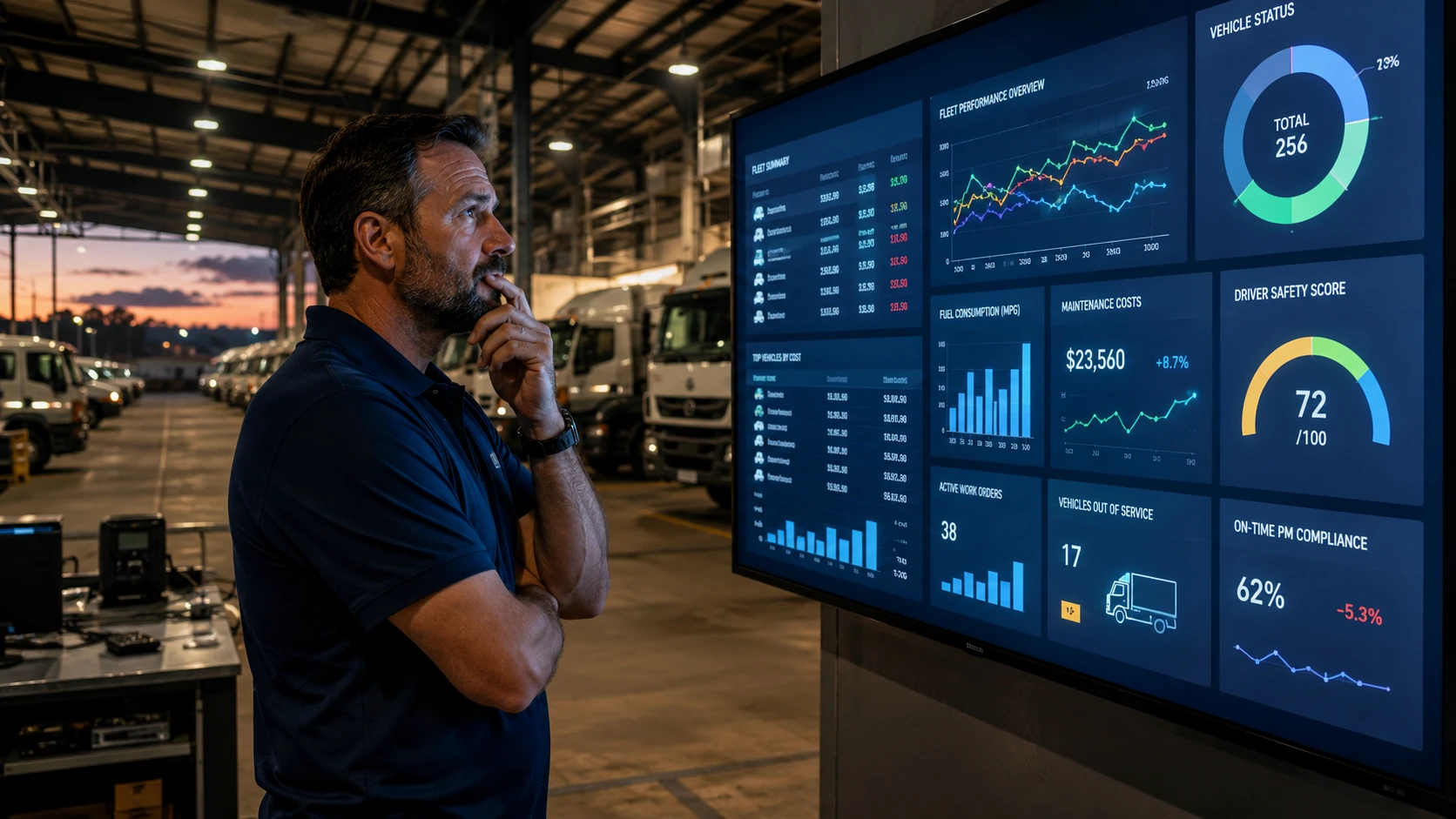 Fleet manager reviewing a dashboard showing flat averages that hide vehicle-level KPI breakdowns across a growing mixed fleet