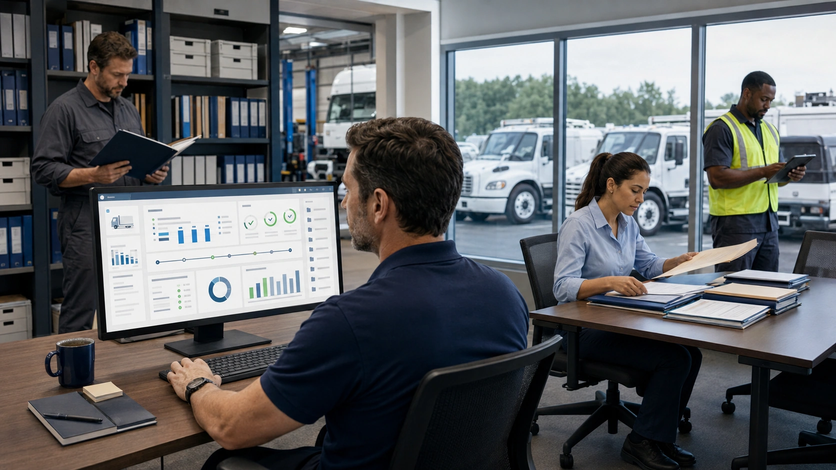 Complete vehicle record showing service history, inspections, and documents in one view