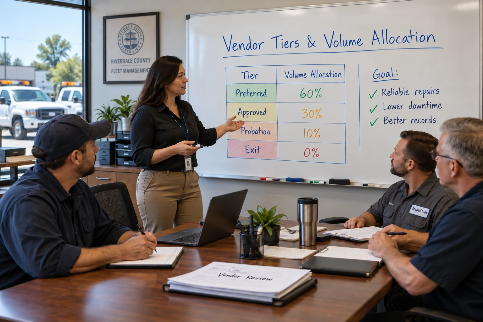 Vendor performance tiers from preferred to exit and how work volume is allocated across them