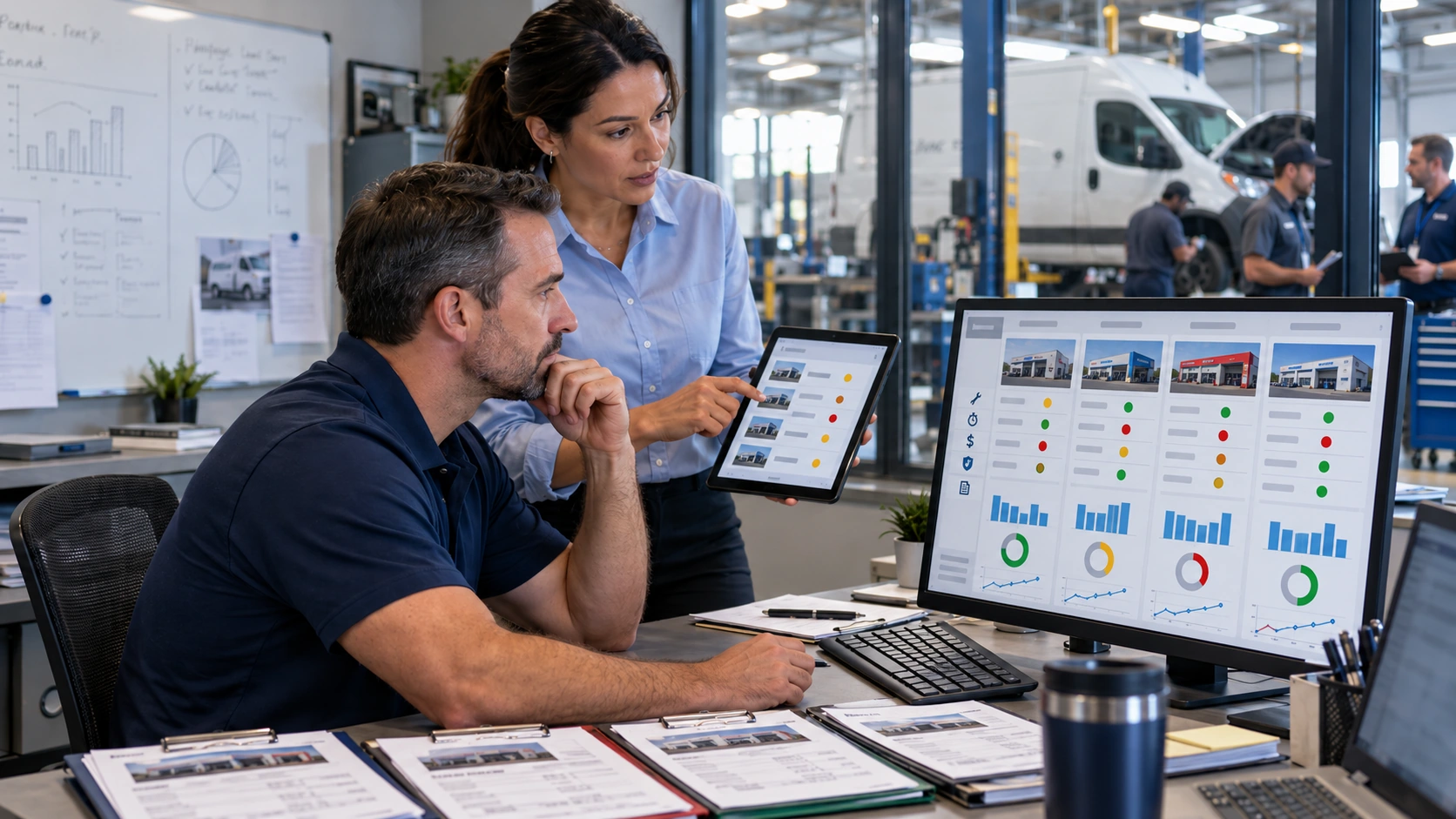 Fleet manager reviewing a vendor scorecard comparing repair quality, turnaround, pricing, and documentation