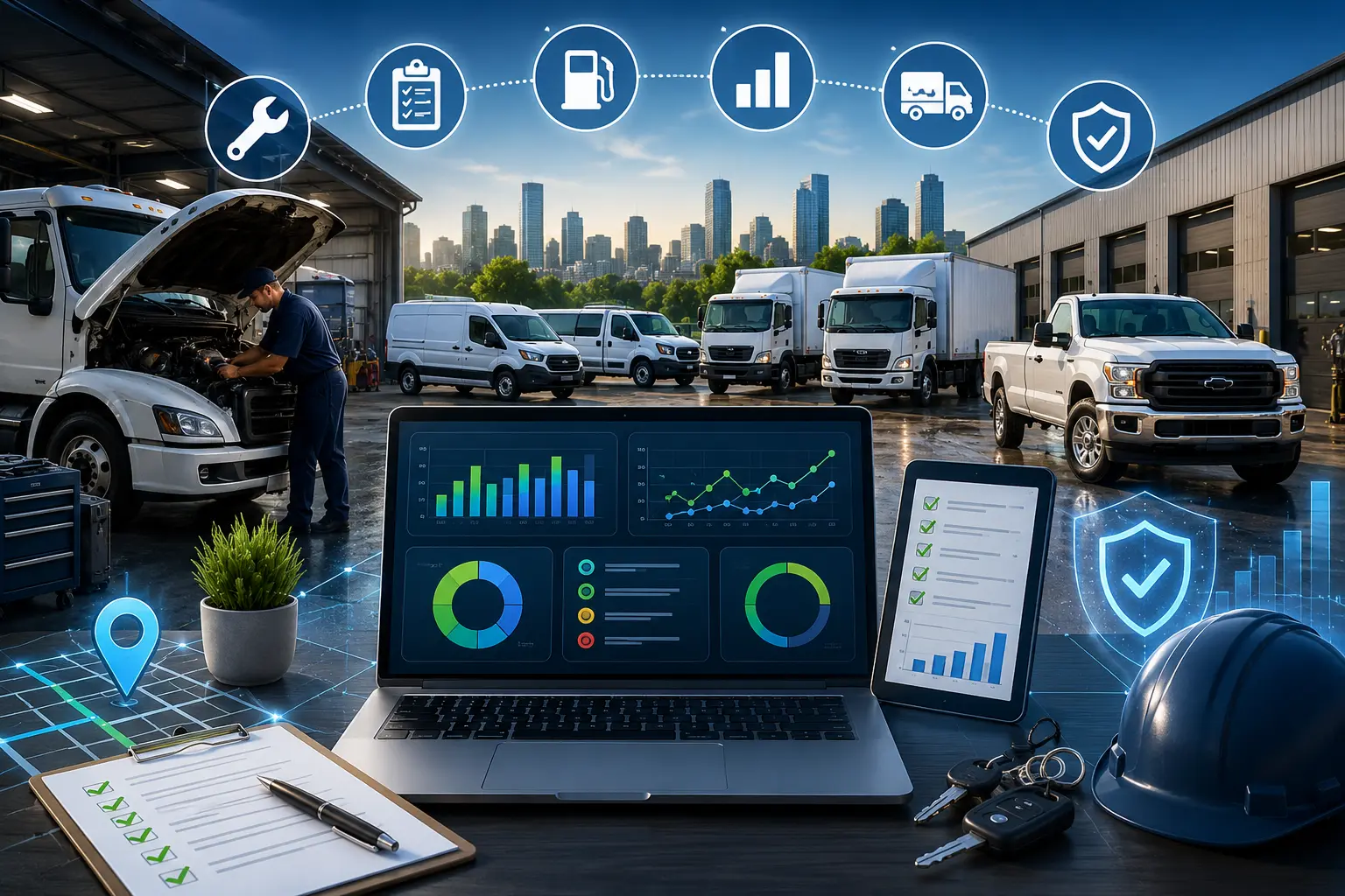 Fleet manager reviewing weekly metrics on a fleet management dashboard for maintenance, fuel, and compliance