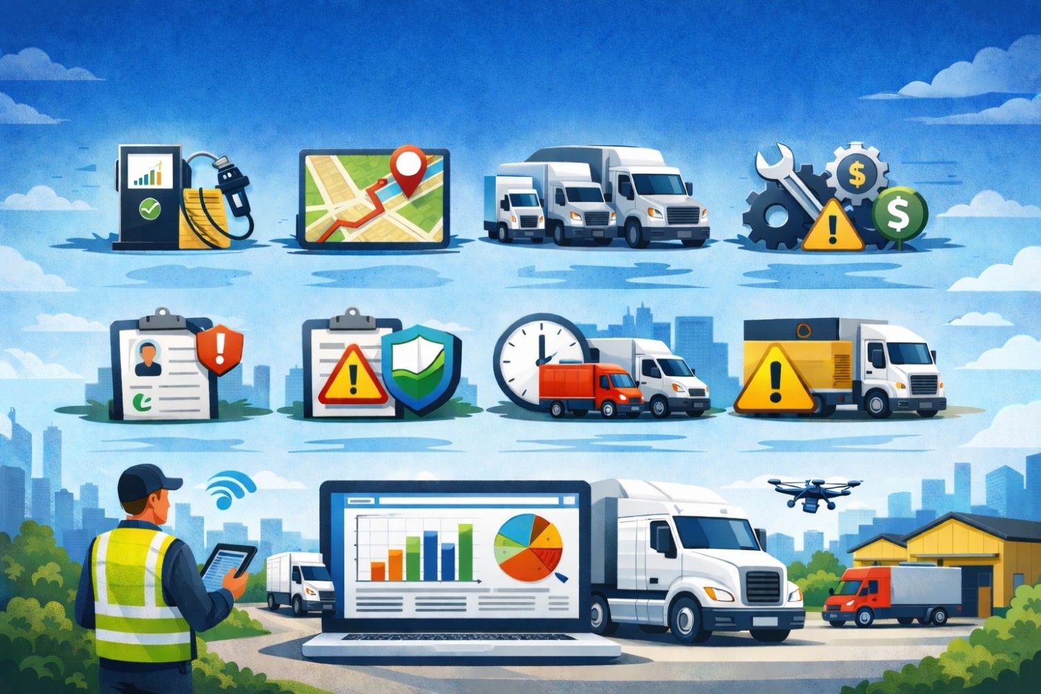 Fleet manager tracking optimization metrics and performance data across a commercial vehicle fleet