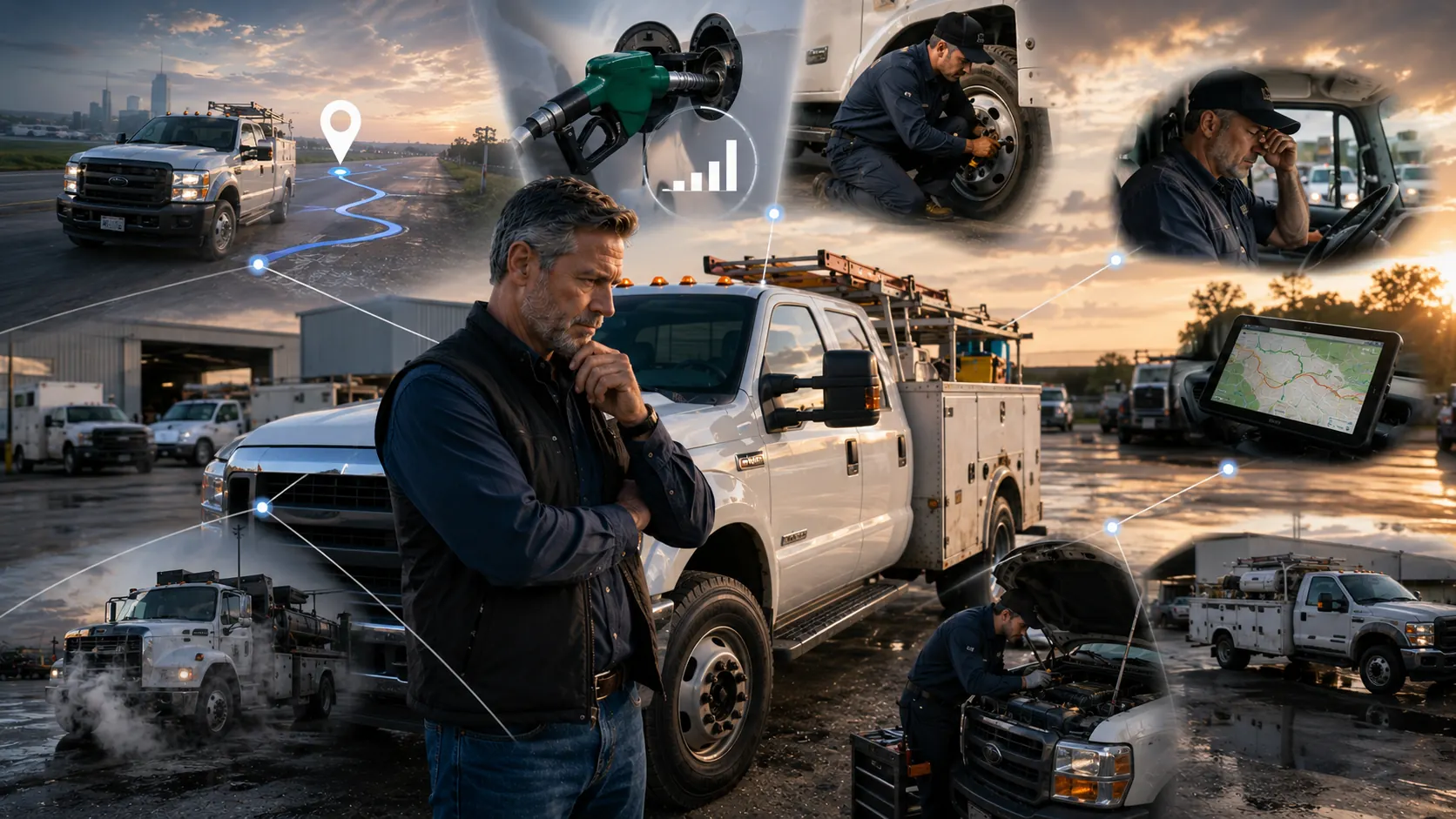 Fleet manager reviewing GPS tracking data alongside telematics, maintenance, and driver records to find problems location alone cannot explain