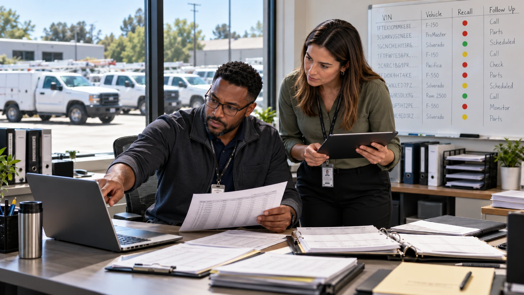 Fleet manager checking a vehicle VIN against an NHTSA recall lookup