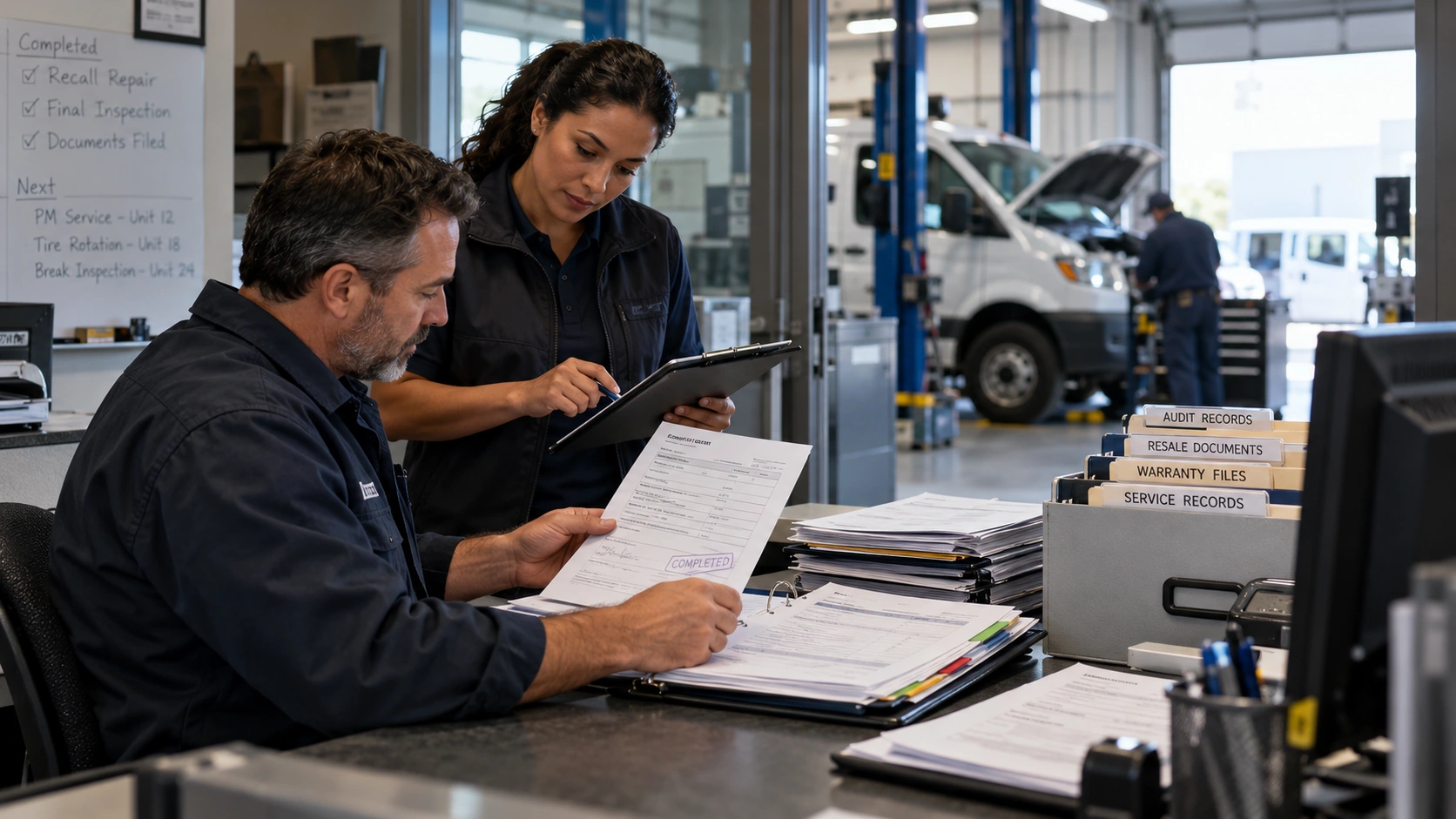 Recall completion record linked to a vehicle VIN with repair date and provider
