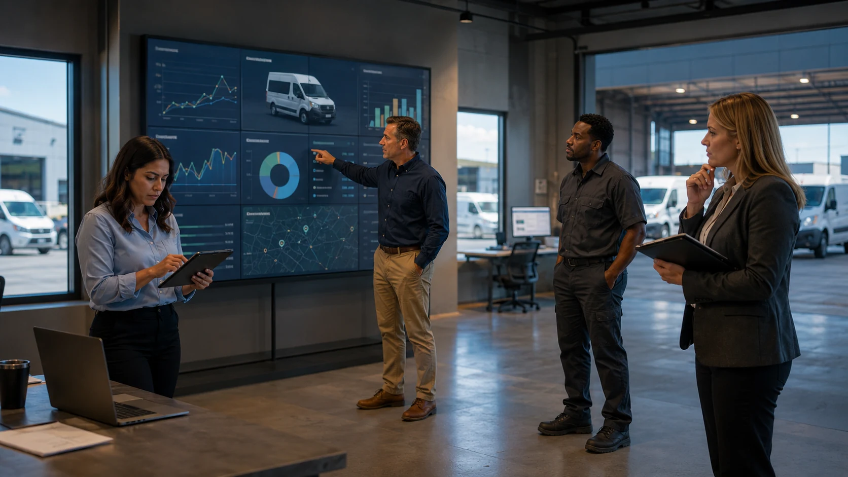 Four department heads from operations, finance, maintenance, and safety each reviewing the same fleet report and pointing to different data points as their primary concern