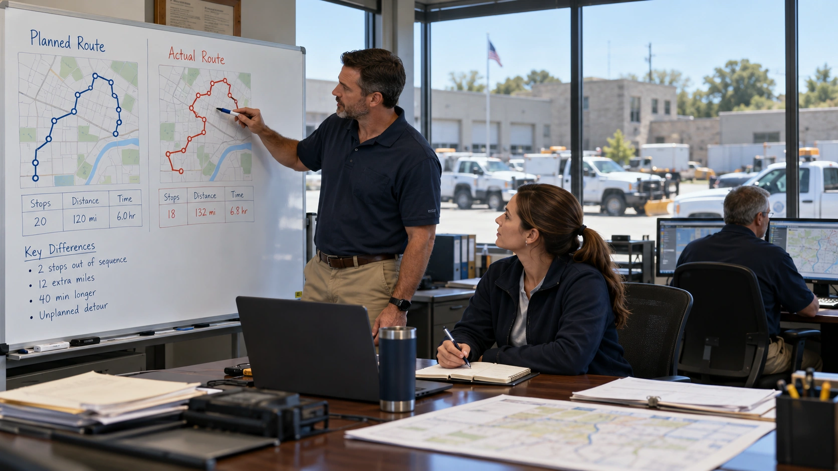 Fleet manager comparing a planned delivery route with the actual GPS recorded path