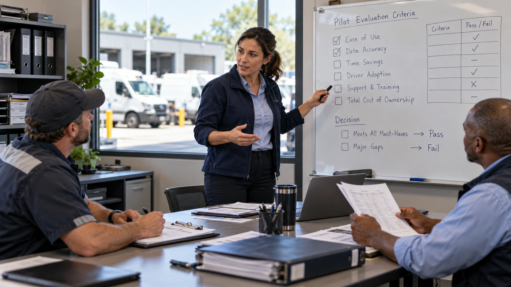 Fleet manager reviewing written pass and fail criteria for a software pilot