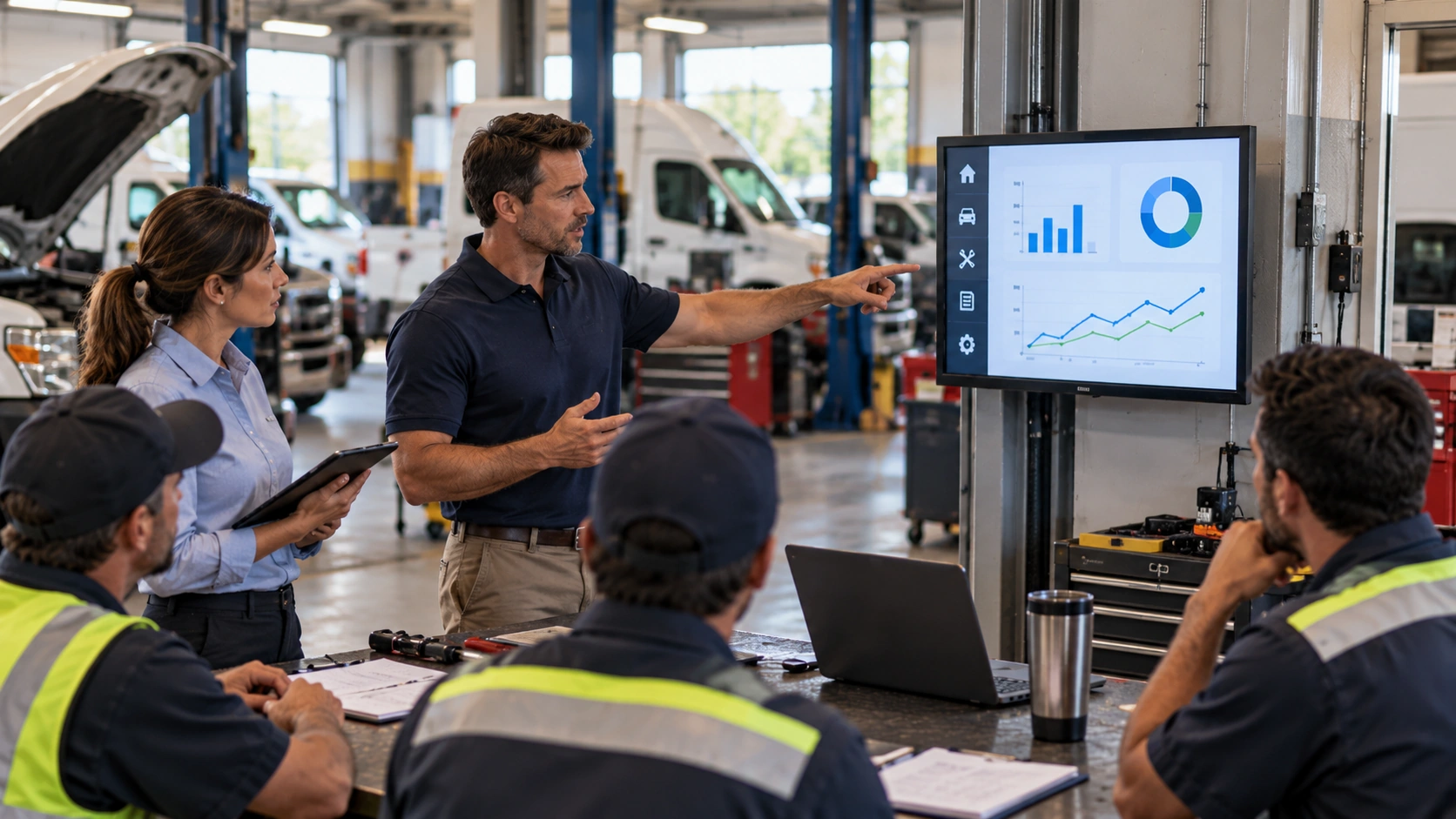 Fleet manager evaluating fleet software on a tablet during a pilot