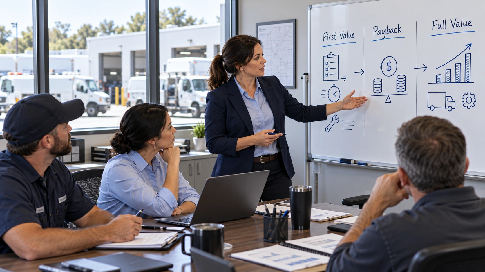 Fleet manager comparing early administrative savings with long term financial payback
