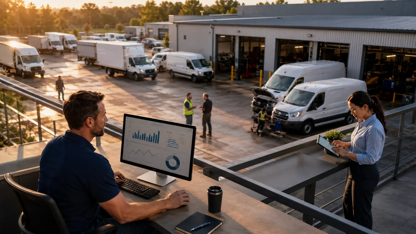 Fleet manager reviewing driver coaching notes and telematics data before a performance conversation to combine software evidence with human judgment