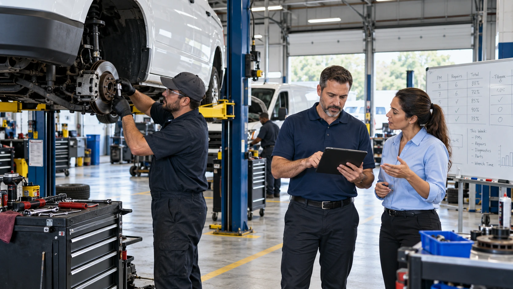 Fleet maintenance technician repairing a vehicle while a supervisor reviews shop labor hours