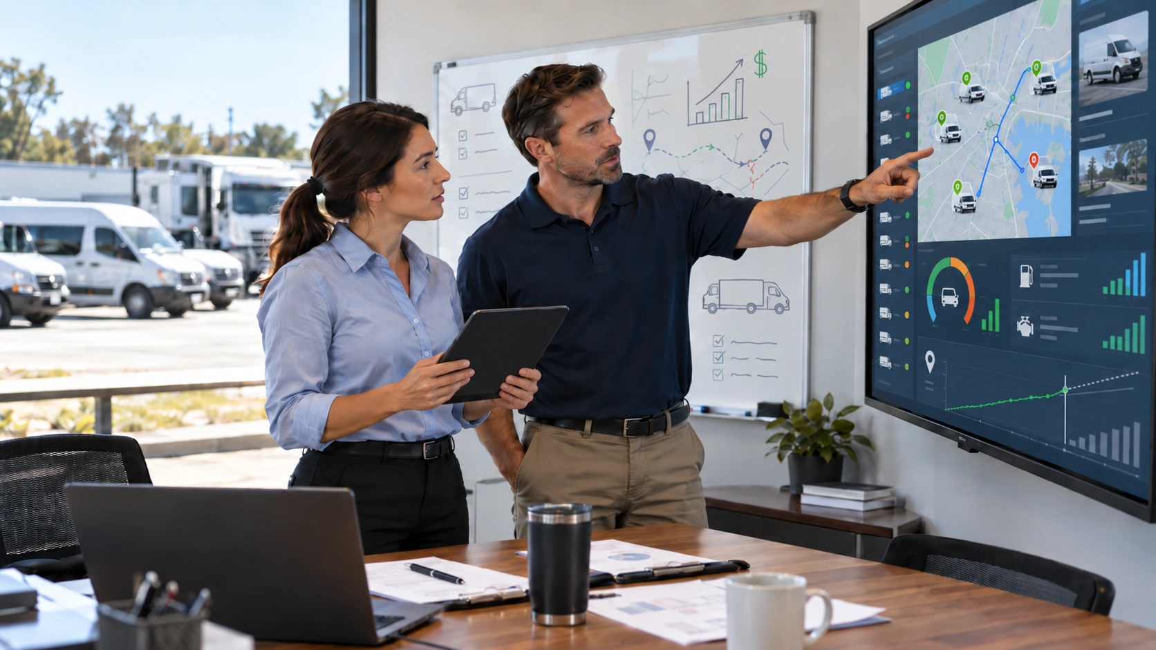 Fleet manager reviewing a telematics payback model with investment, savings, and months to recover cost