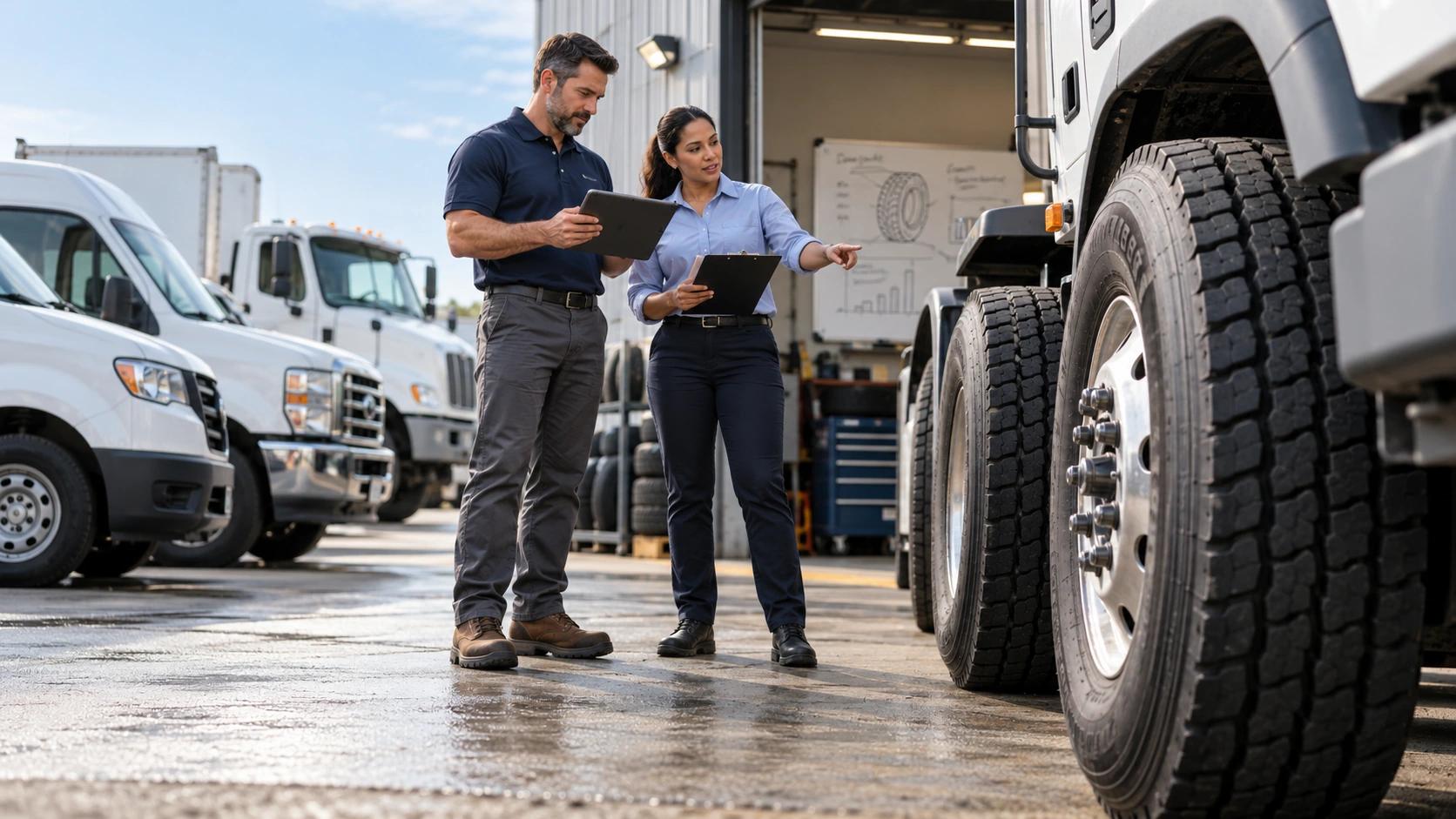 Fleet technician measuring tire tread and recording mileage for tire cost per mile