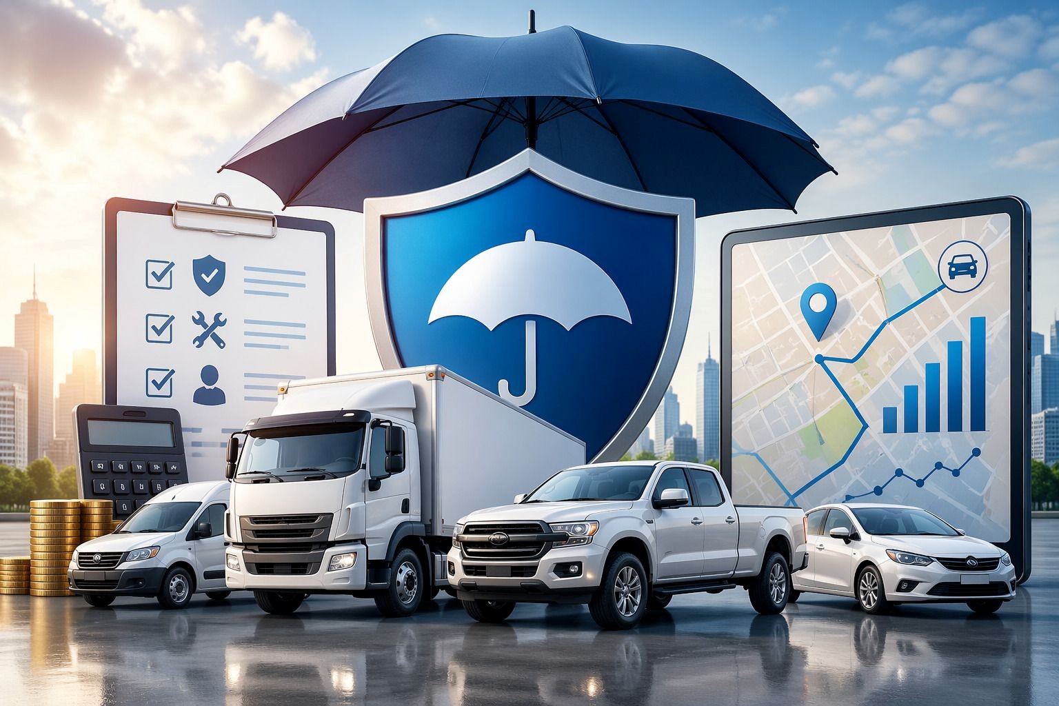 Fleet vehicles with insurance icons