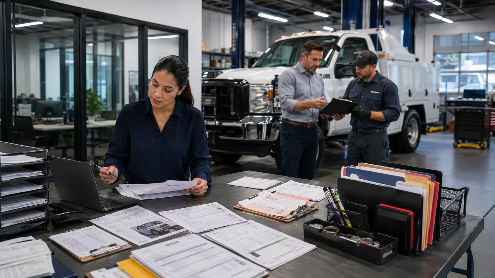 Fleet supervisor and accounts payable specialist reviewing vendor invoices against approved work orders and contract terms