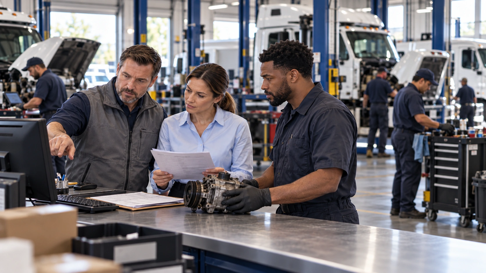 Fleet maintenance manager checking warranty coverage before approving a repair