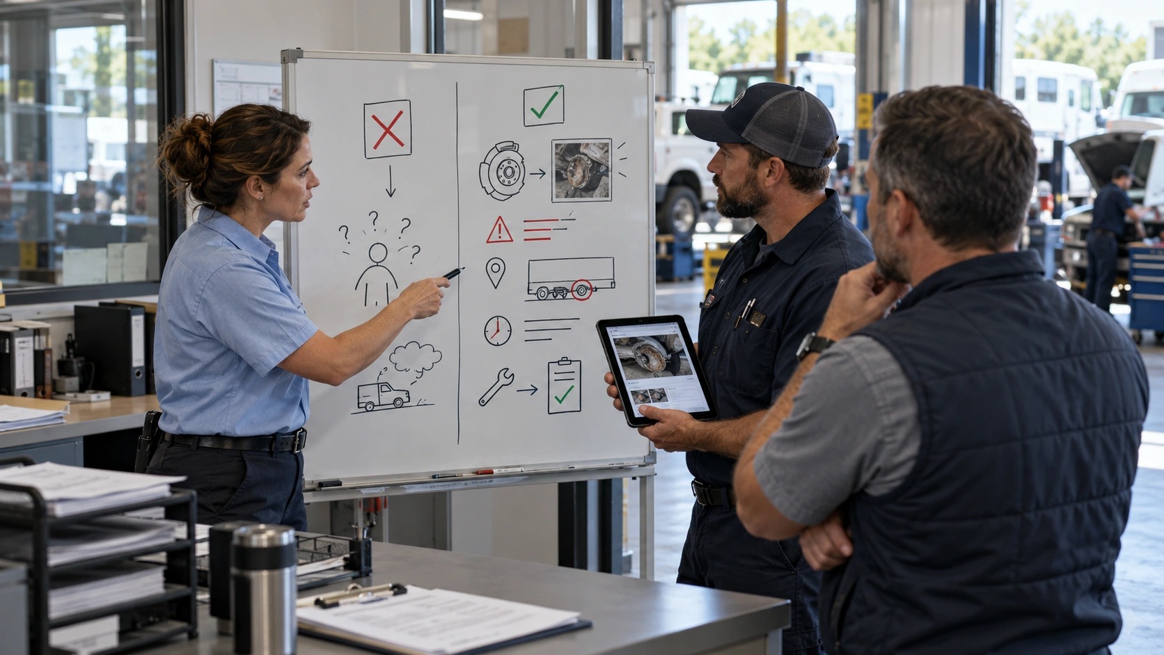 Technician reviewing a failed brake inspection item with photos and comments