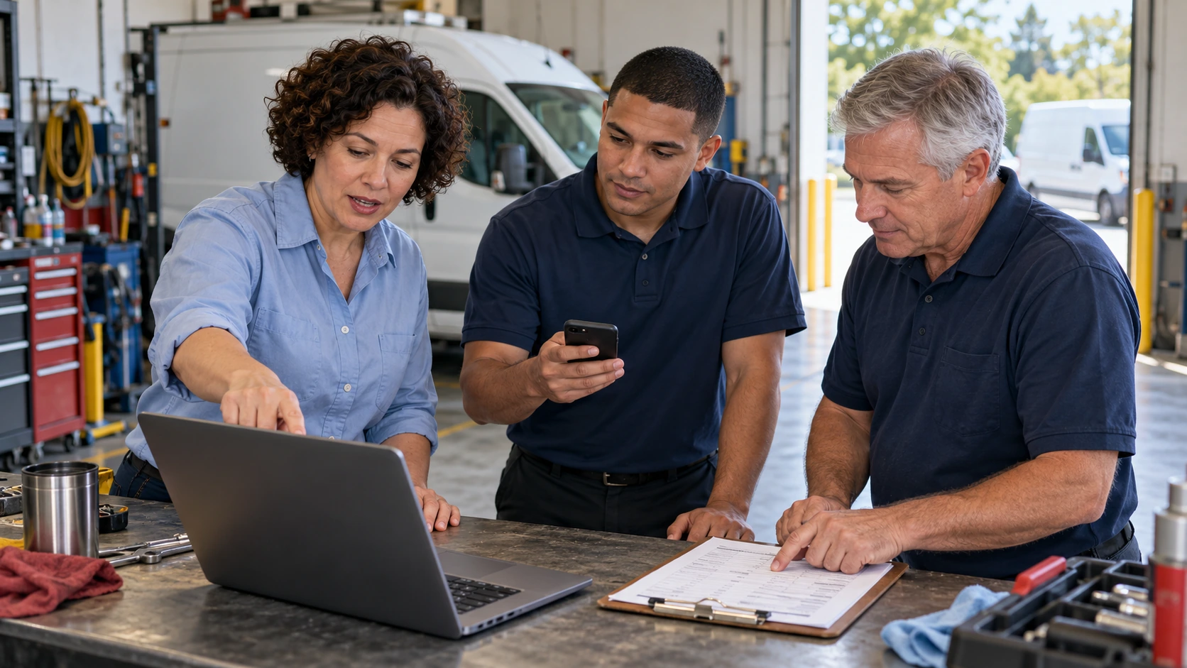 Technician testing a digital vehicle inspection form on a phone next to a service van