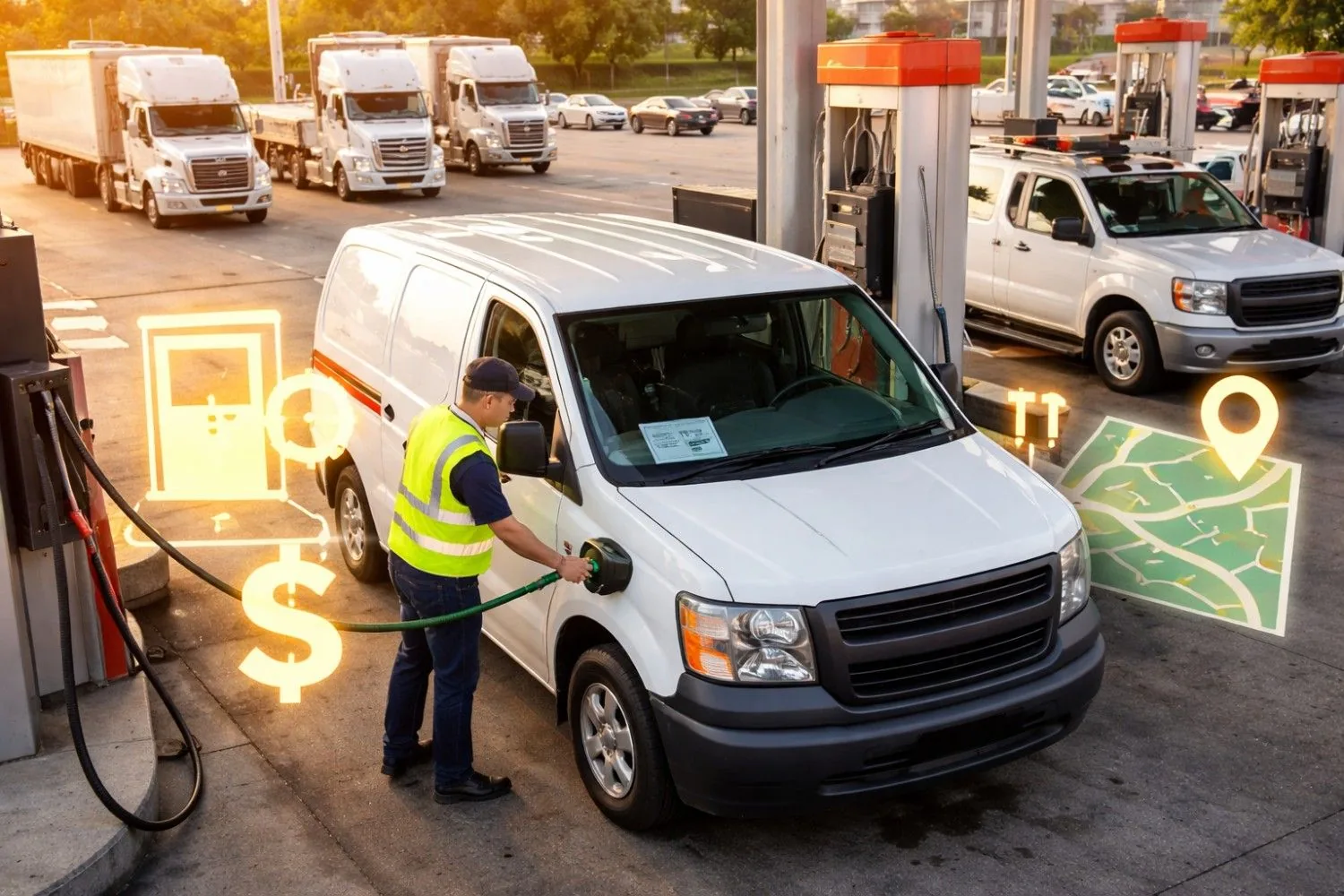 Fleet manager reviewing fuel cost data and consumption reports on a dashboard