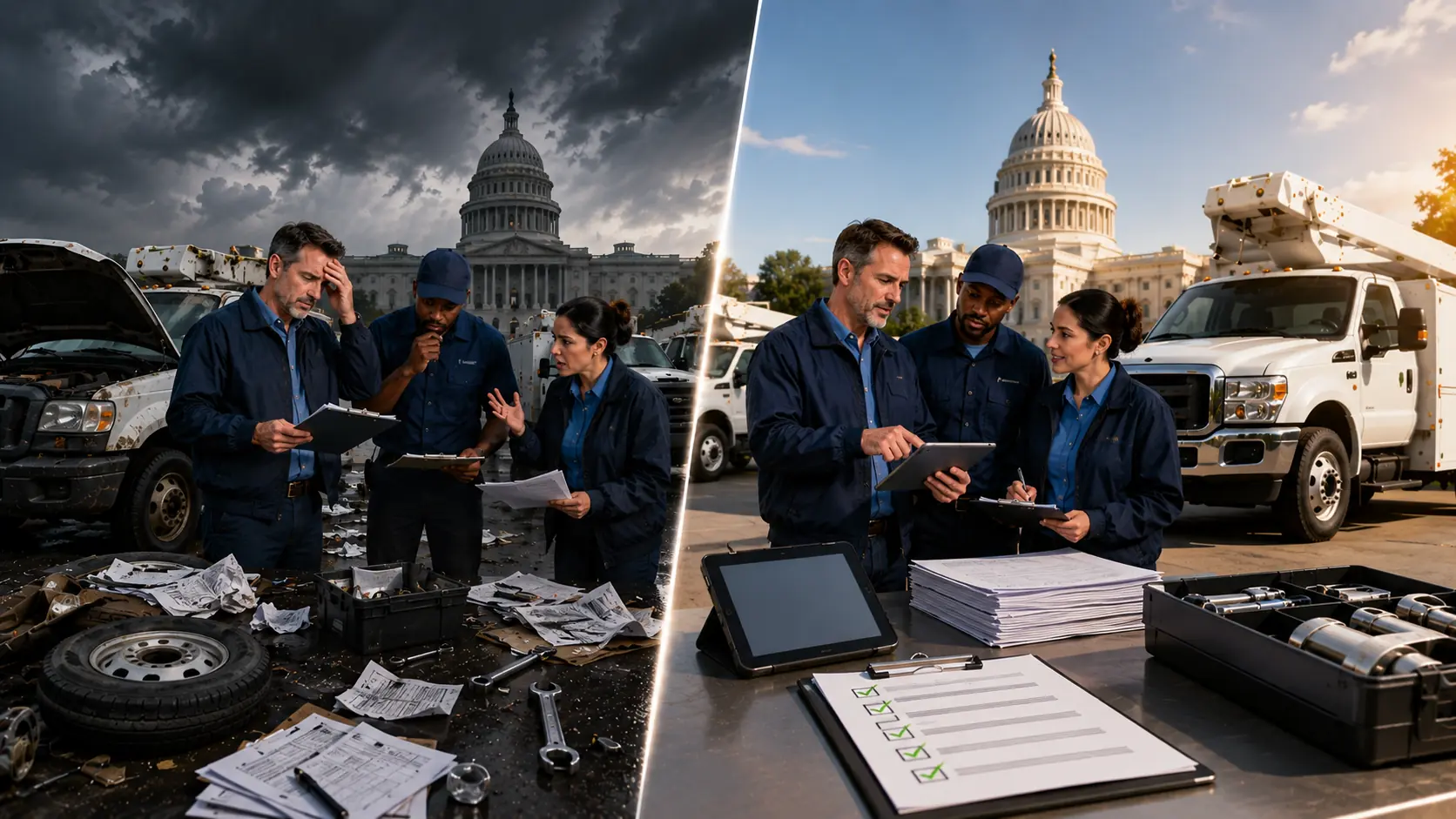 Government fleet manager reviewing budget reports across departments to identify coordination failures and spending gaps
