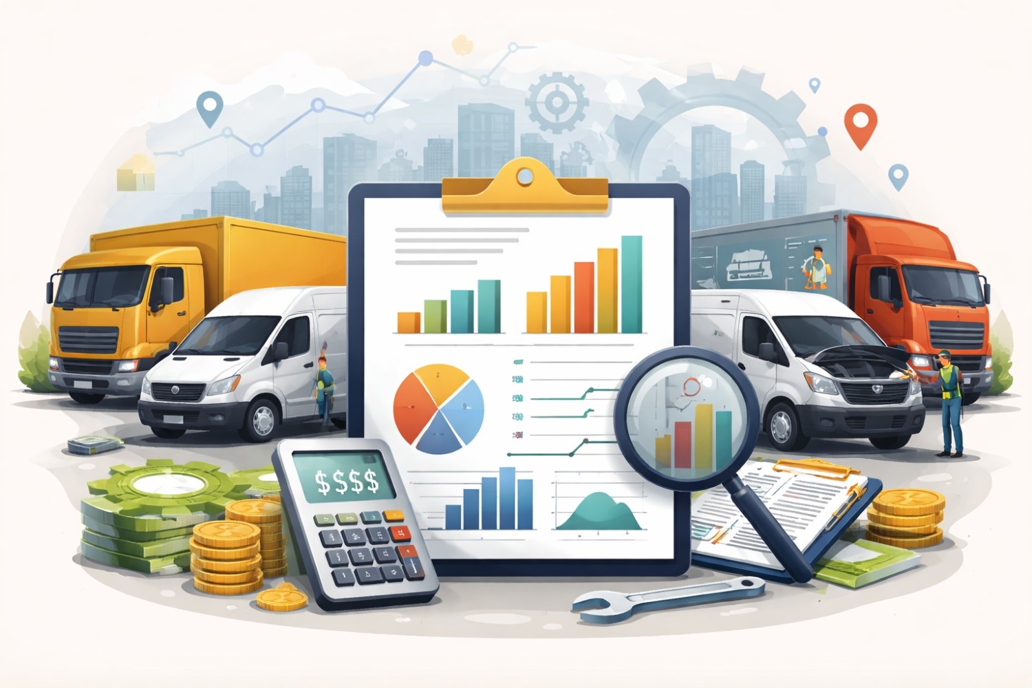 Fleet manager analyzing vehicle cost data and profit margin reports