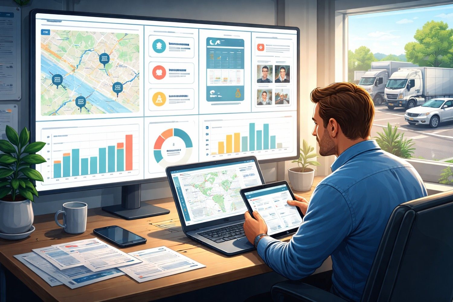 Fleet manager using fleet management software daily to track vehicles, maintenance, and costs
