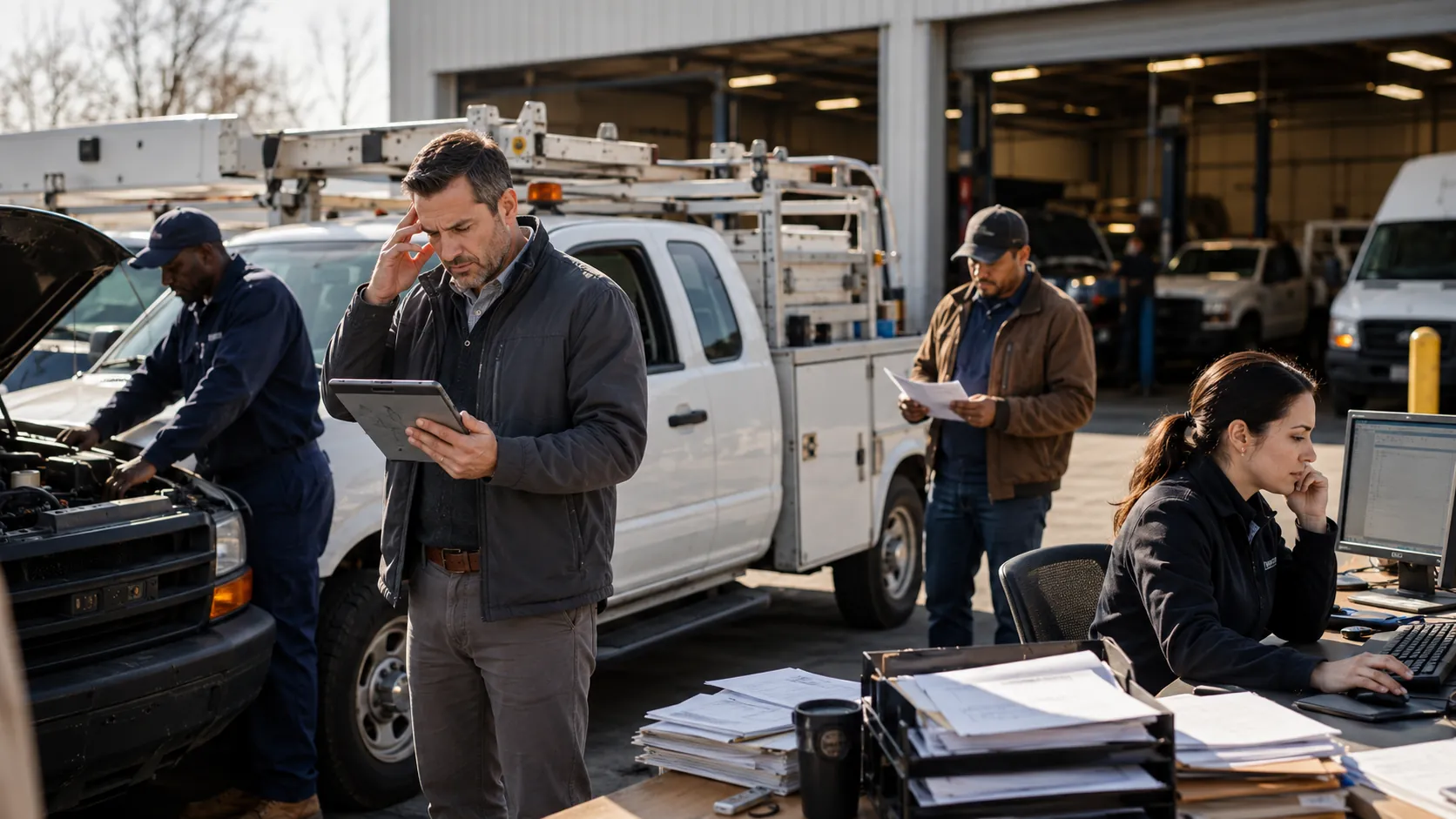 Fleet team member manually entering data across multiple disconnected systems, illustrating administrative overhead