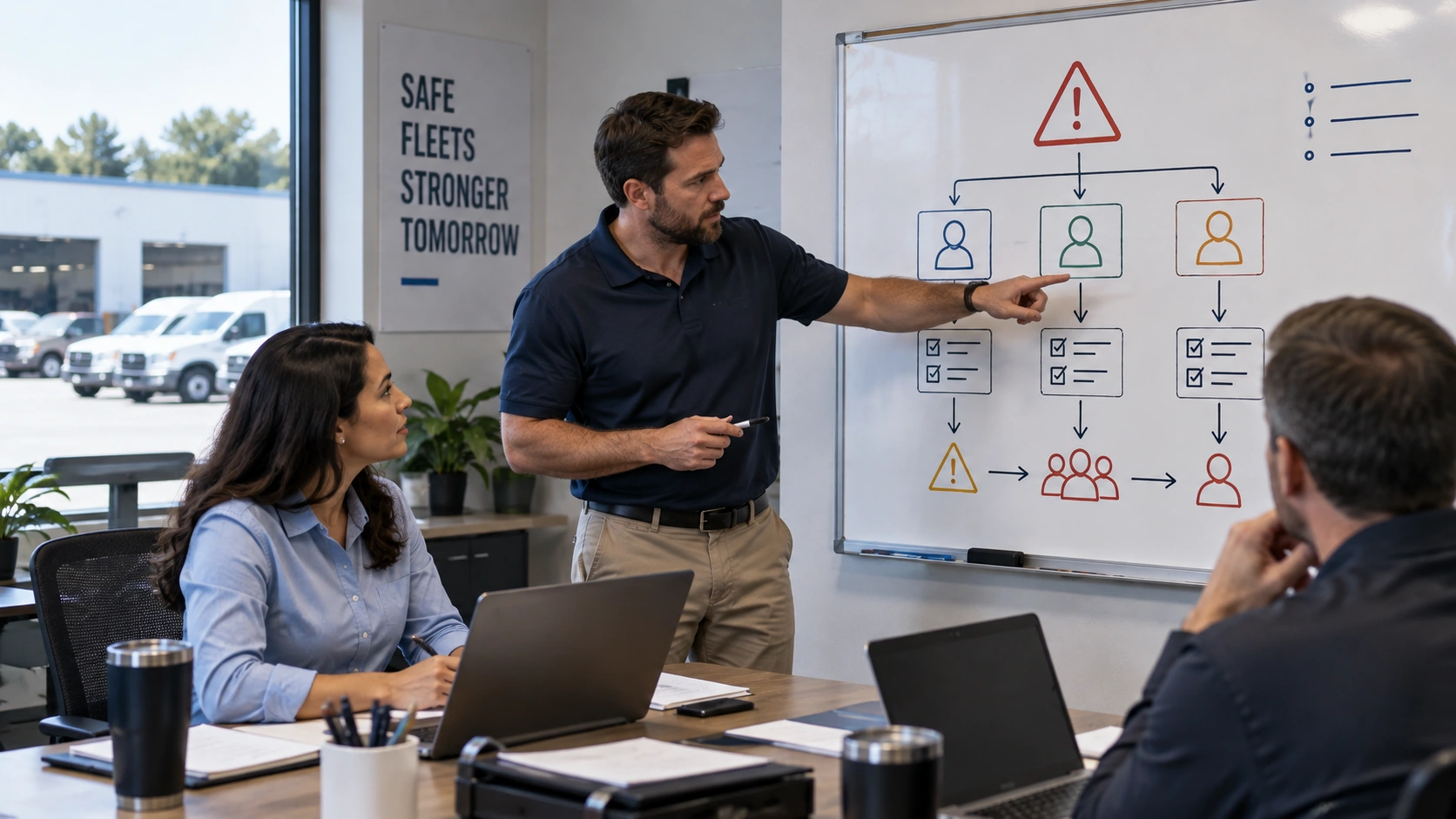 Baseline, normalize, trigger, verify, and recalibrate workflow for a fleet safety scorecard