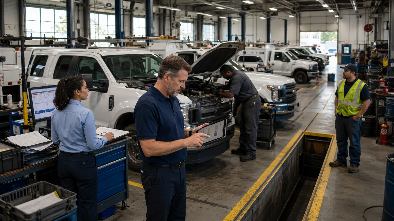 Fleet shop manager reviewing technician labor gaps and repair queue delays