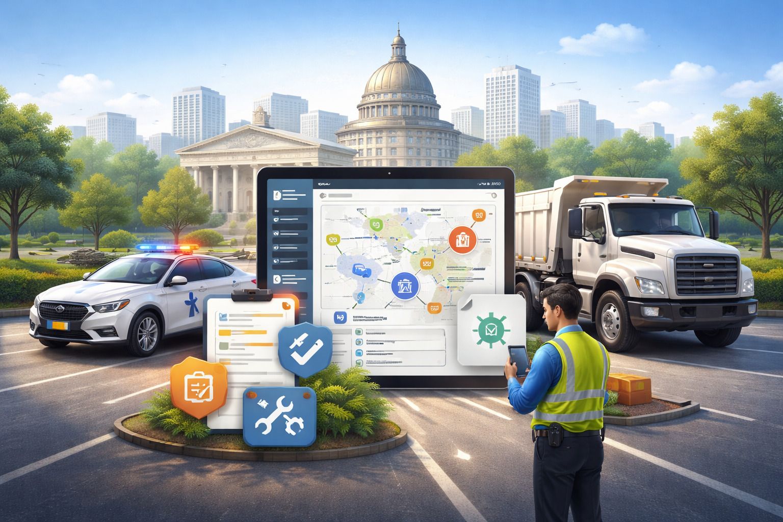 Government fleet manager reviewing vehicle operations with modern fleet management software