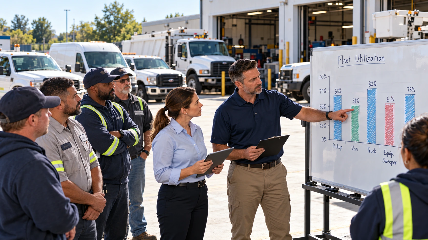 Municipal fleet manager reviewing vehicle utilization against minimum usage targets