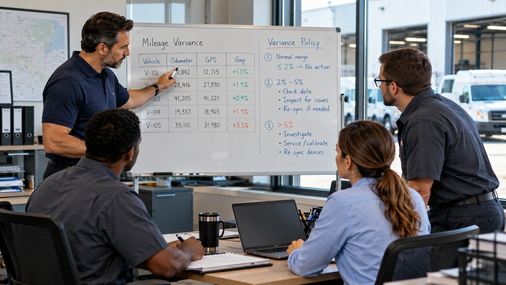 Fleet mileage variance thresholds and recommended review actions