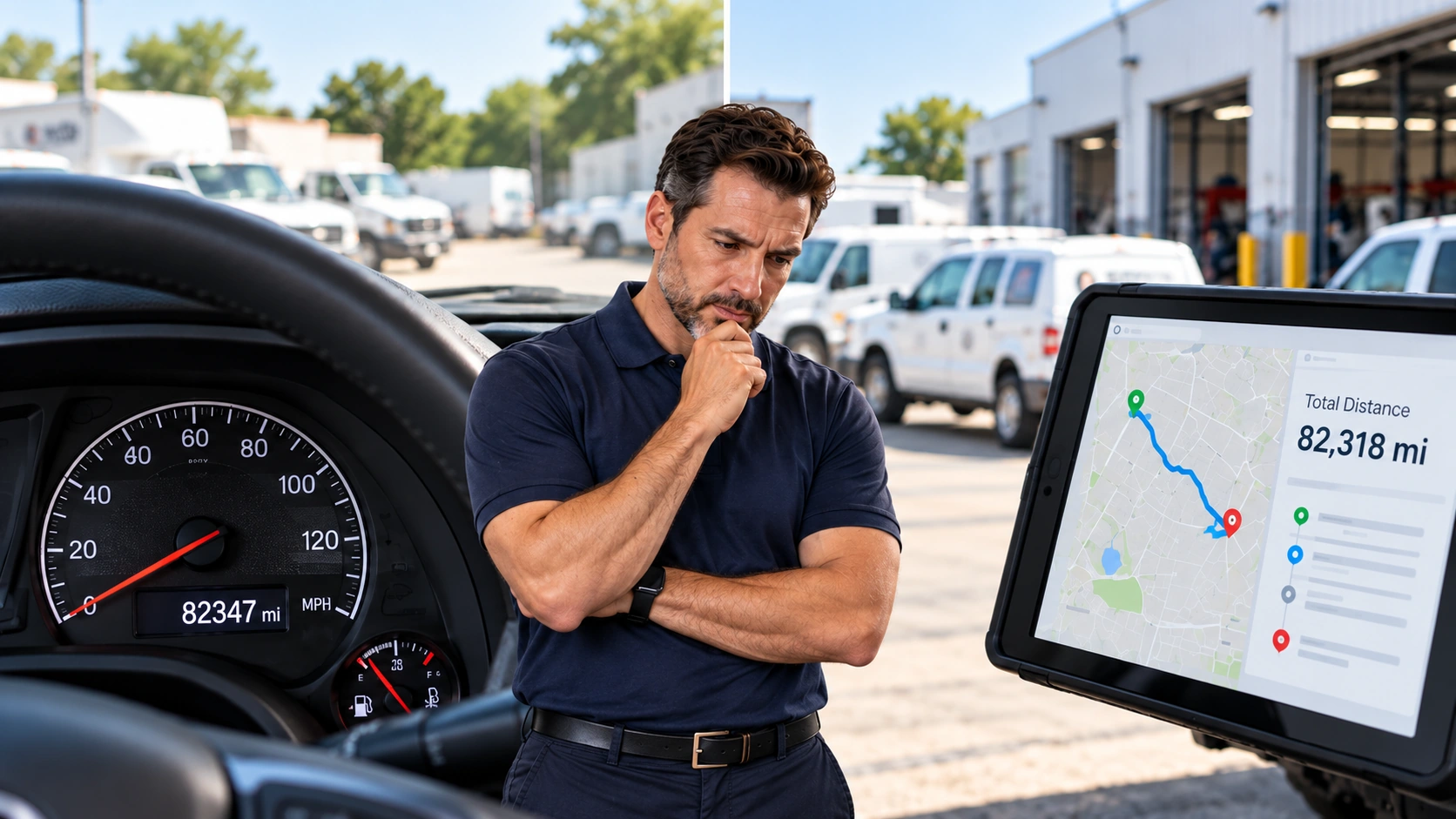 Dashboard odometer and GPS mileage readings compared side by side for a fleet vehicle