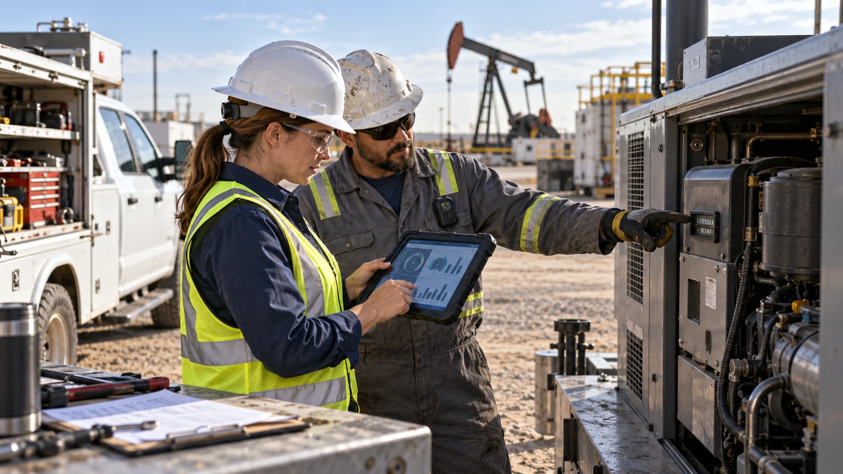 Dashboard comparing engine hours and productive hours for oilfield equipment
