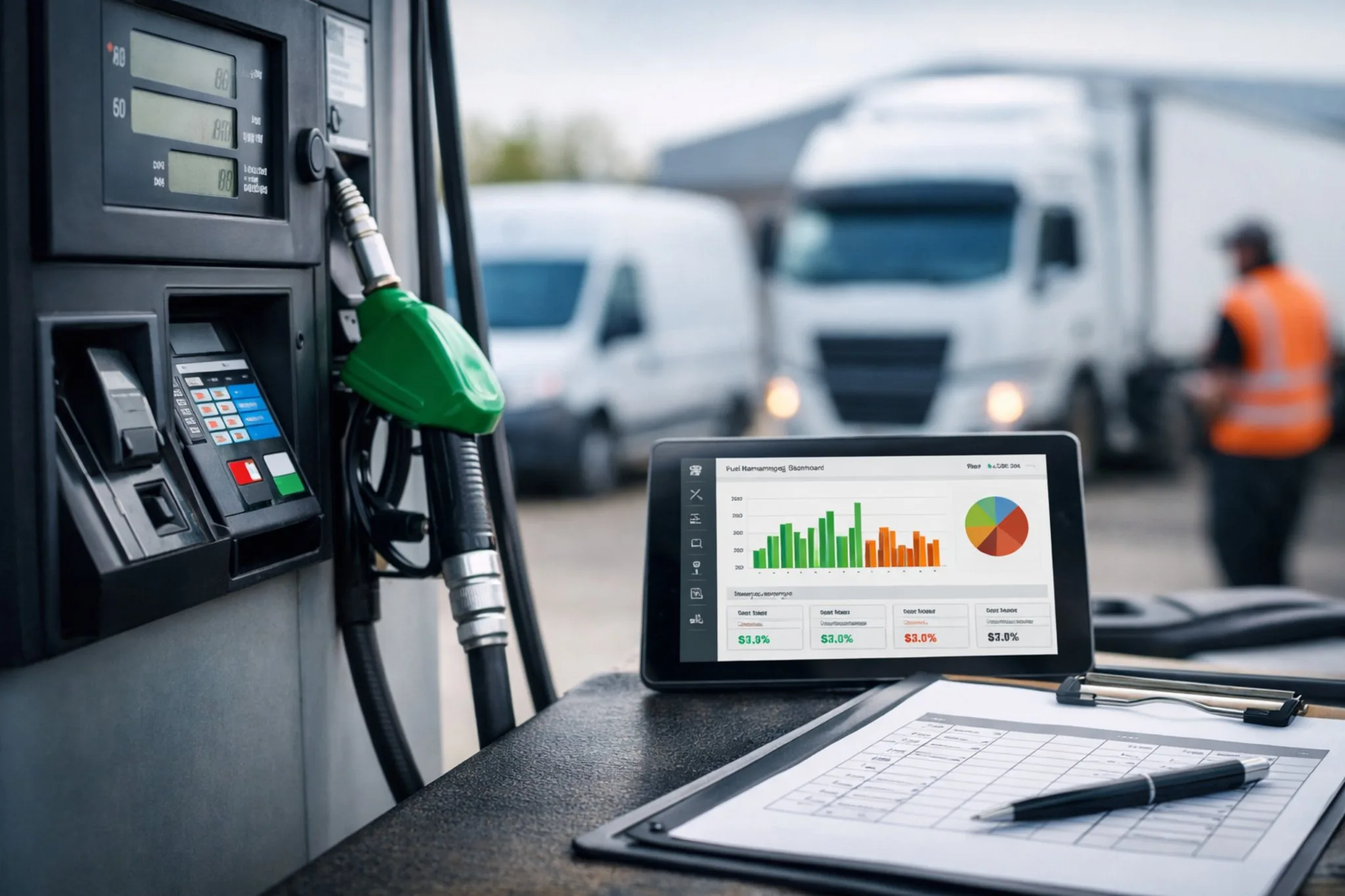 Fleet manager reviewing fuel consumption data on a management dashboard