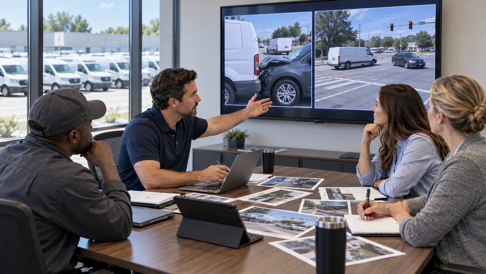 Fleet safety manager reviewing evidence to classify a crash as preventable or non preventable